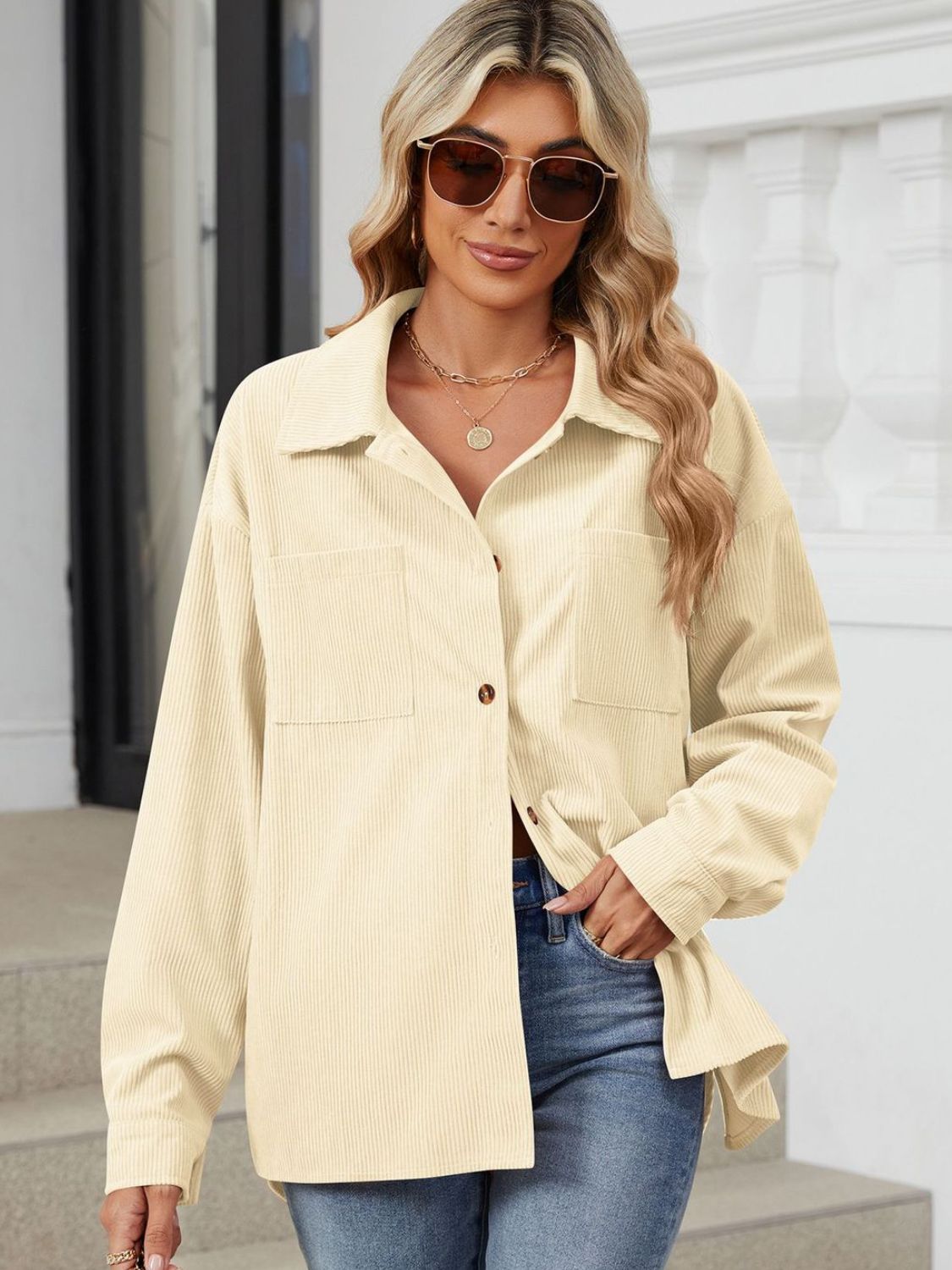 Rayon Button Up Dropped Shoulder Long Sleeve Shirt
