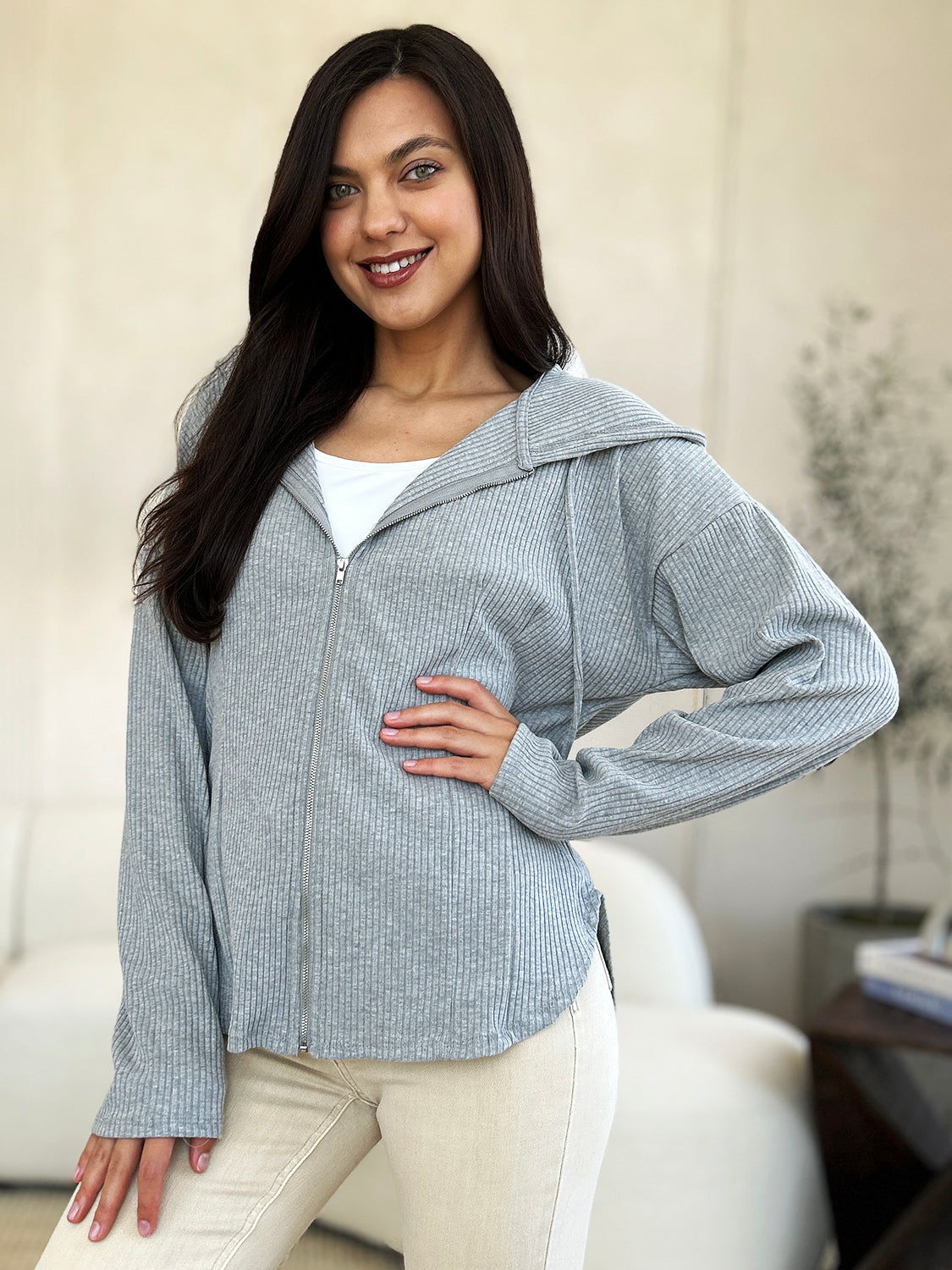 Women's Ribbed Zip Up Hooded Jacket in Light Heather Grey