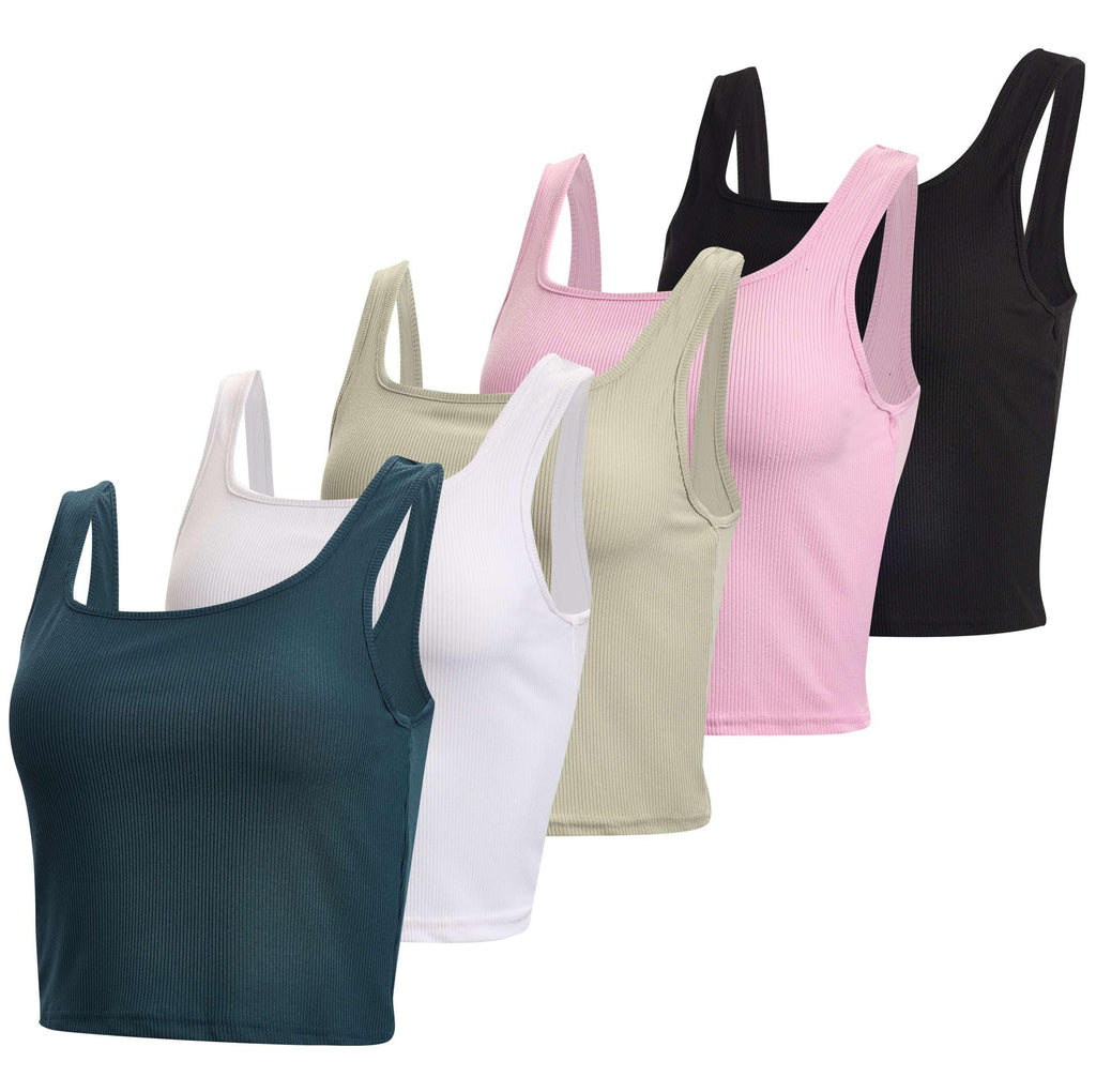 5 Pack Womens Square Neck Cute Crop Tank Top for Women Crop Tops Trendy Ladies Tops Tees Athletic Yoga Summer Running Basic White Woman Cropped Exercise Woman Sleeveless White Tanks - Set 3 L