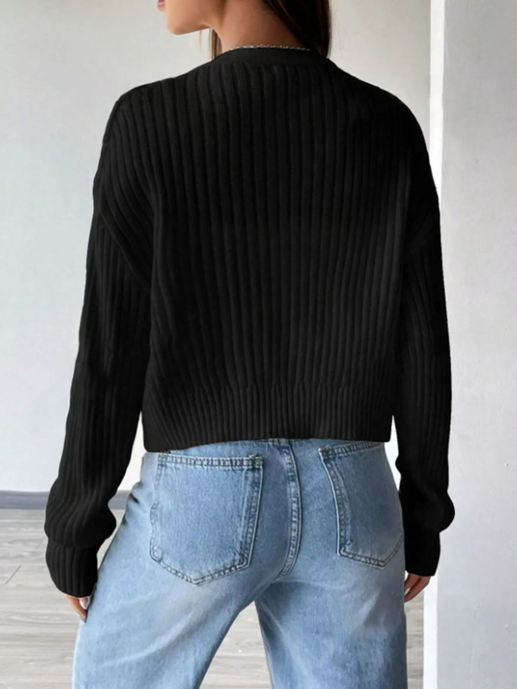 White Ribbed V-Neck Button-Up Cropped Cardigan Sweater - Image 7