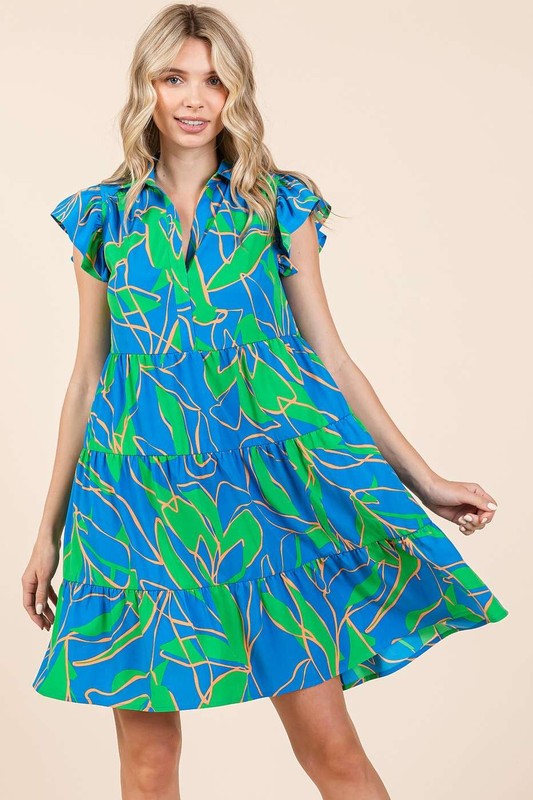 Leaf Print Ruffle Sleeve Tiered Mini Dress