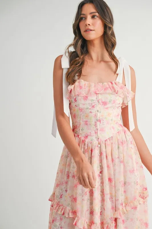 Floral Printed Shoulder Strap Midi Dress in Chiffon