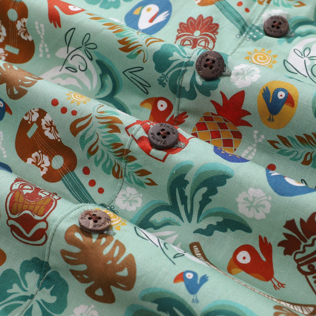 Men's TIKI Fiesta Print 100% Cotton Camp Collar Hawaiian Shirt