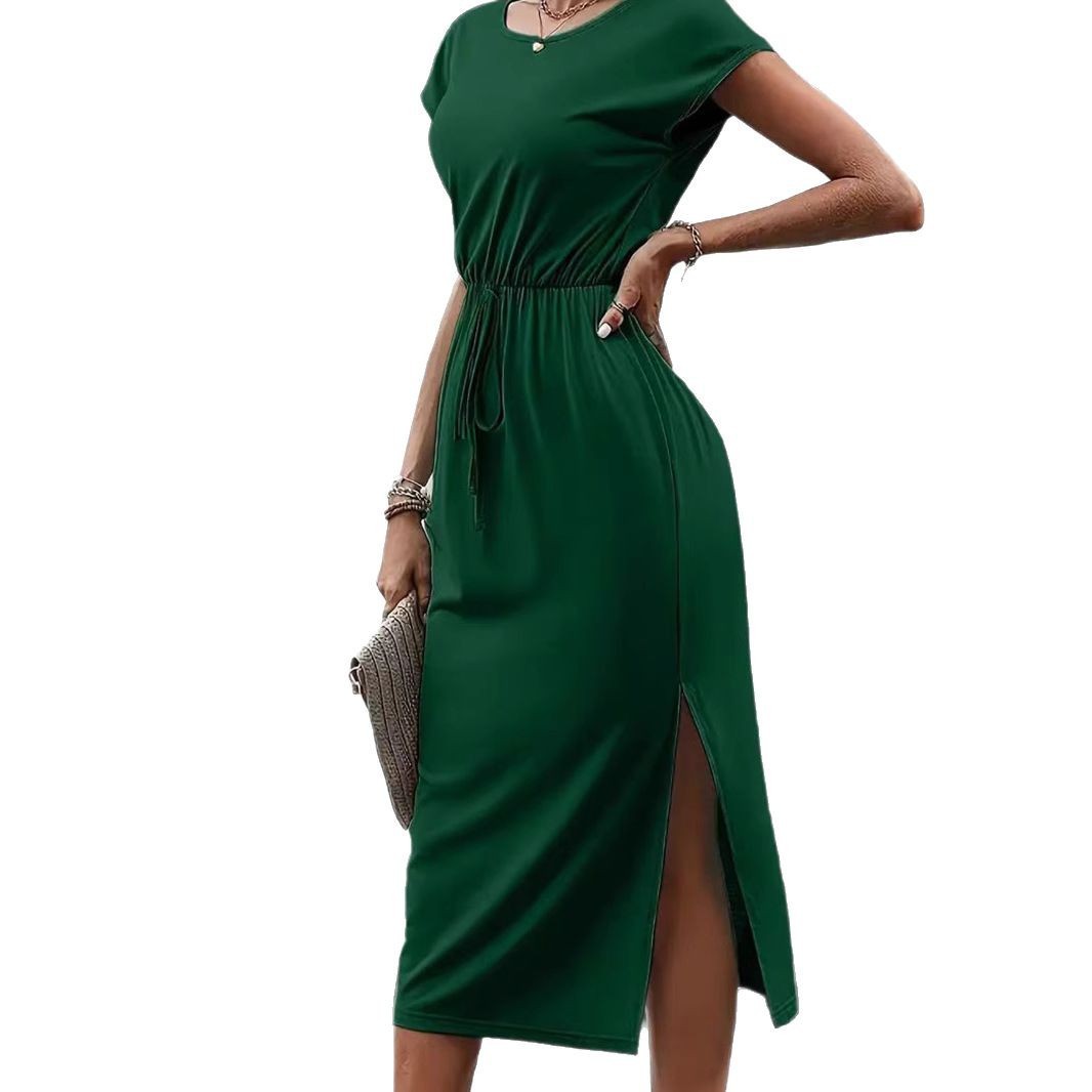 Cinched Waist Slim-Fit Round Neck Short Sleeve Mini Dress