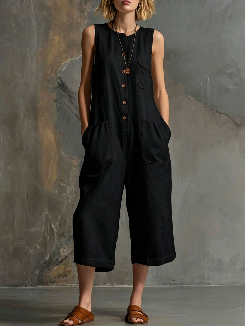 Women's Retro Sleeveless Button-Down Wide-Leg Cropped Jumpsuit - Image 6