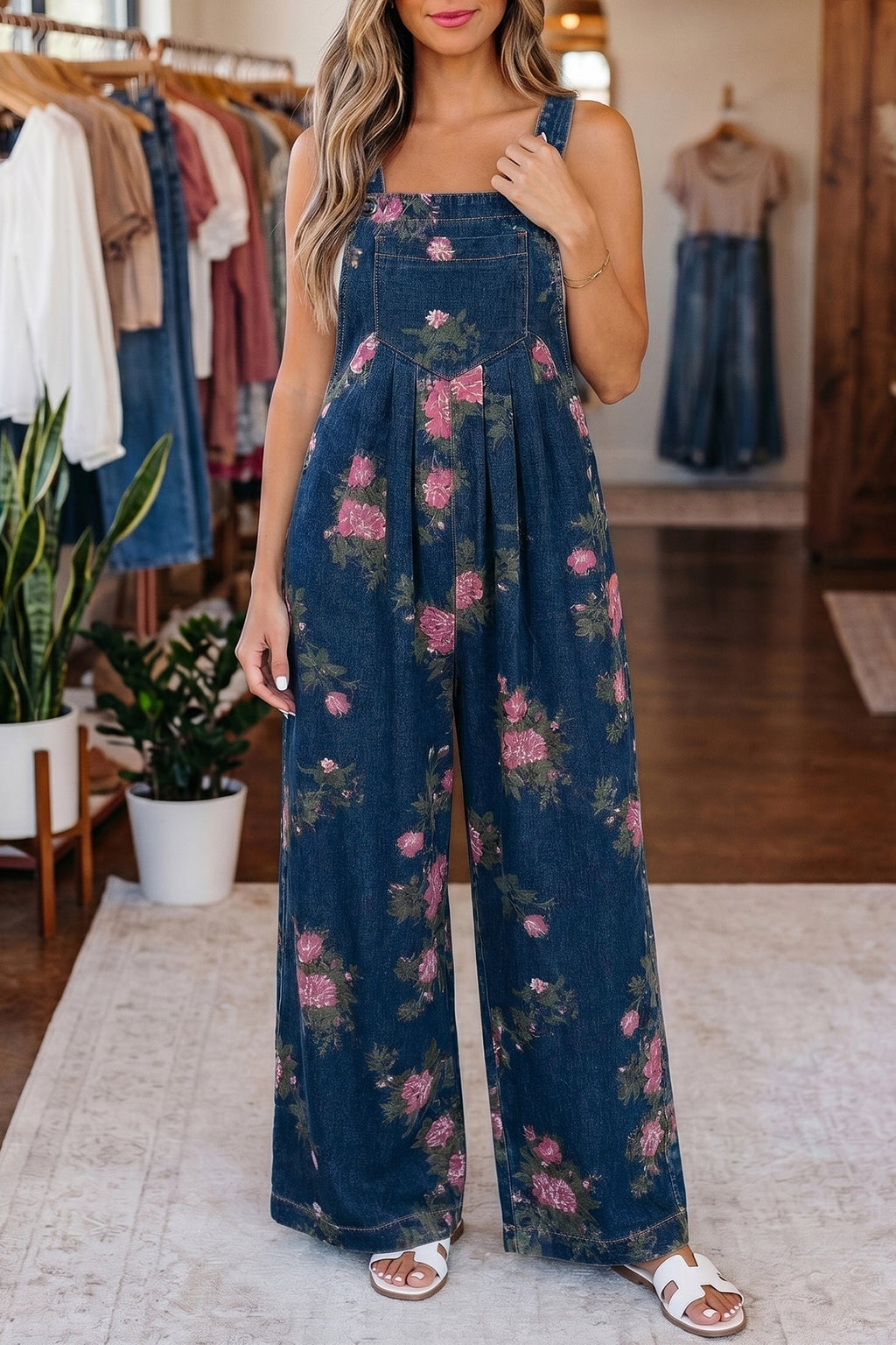 Akira Floral Print Wide Leg Denim Jumpsuit with Pleated Details