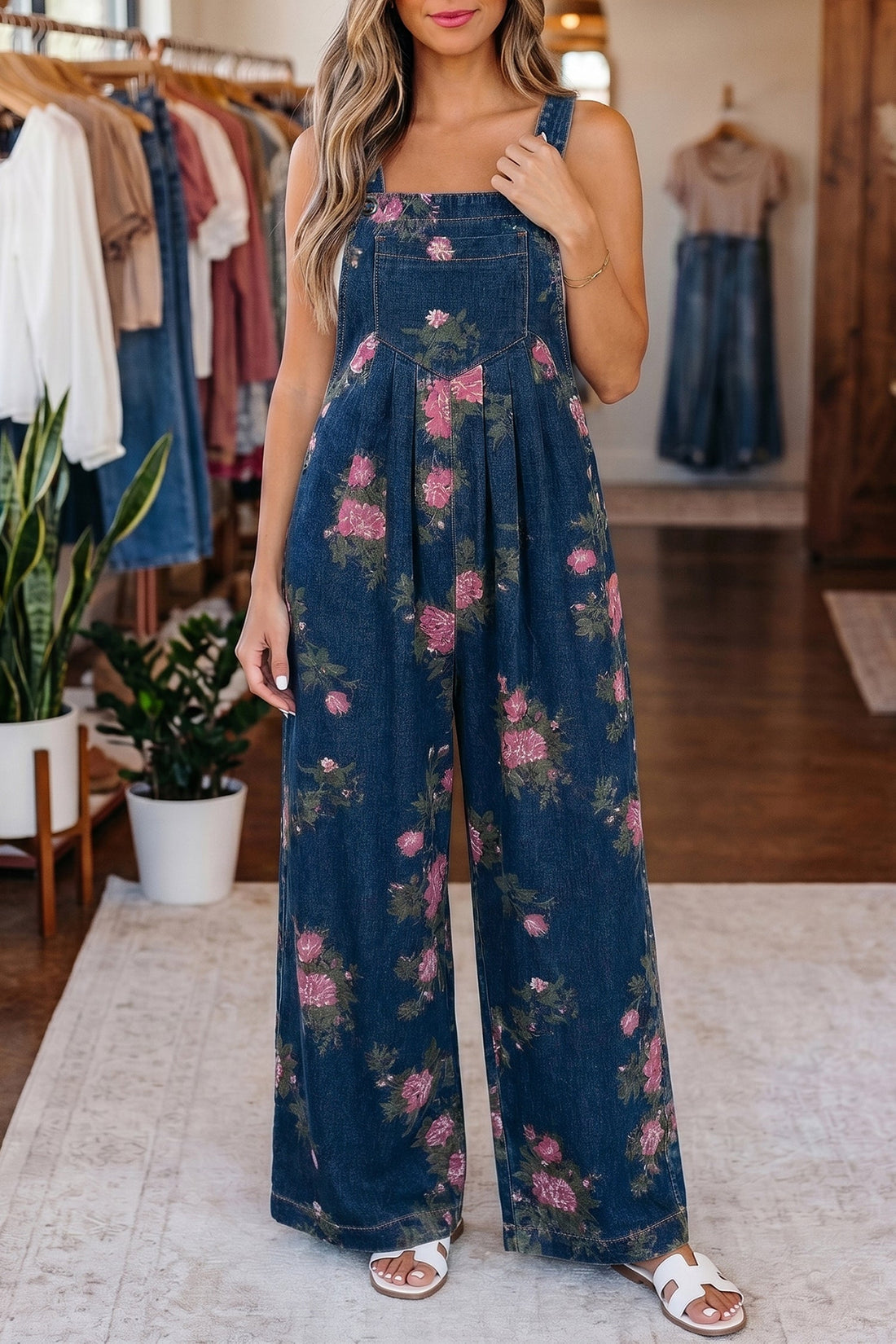Akira Floral Print Wide Leg Denim Jumpsuit with Pleated Details