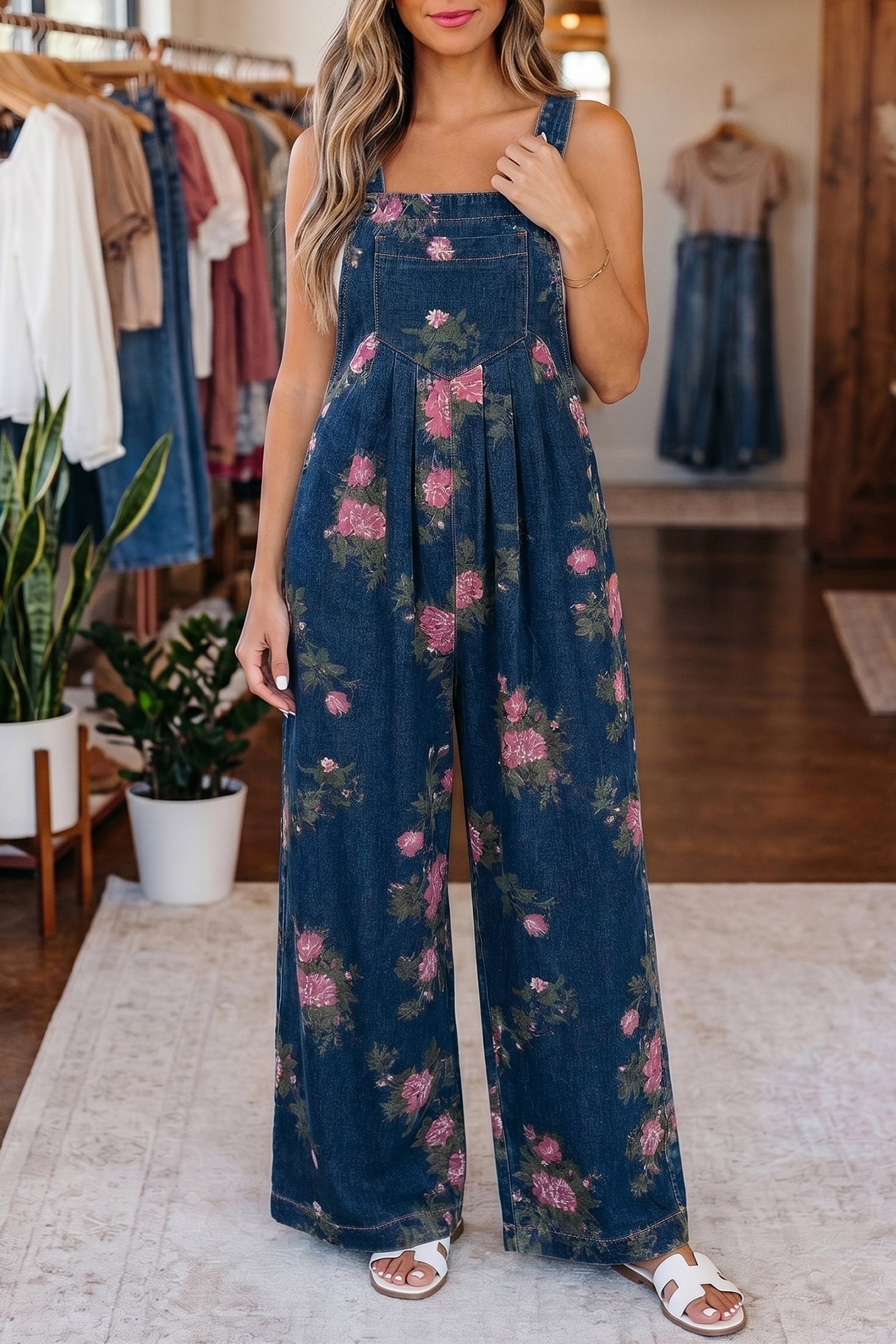 Akira Floral Print Wide Leg Denim Jumpsuit with Pleated Details