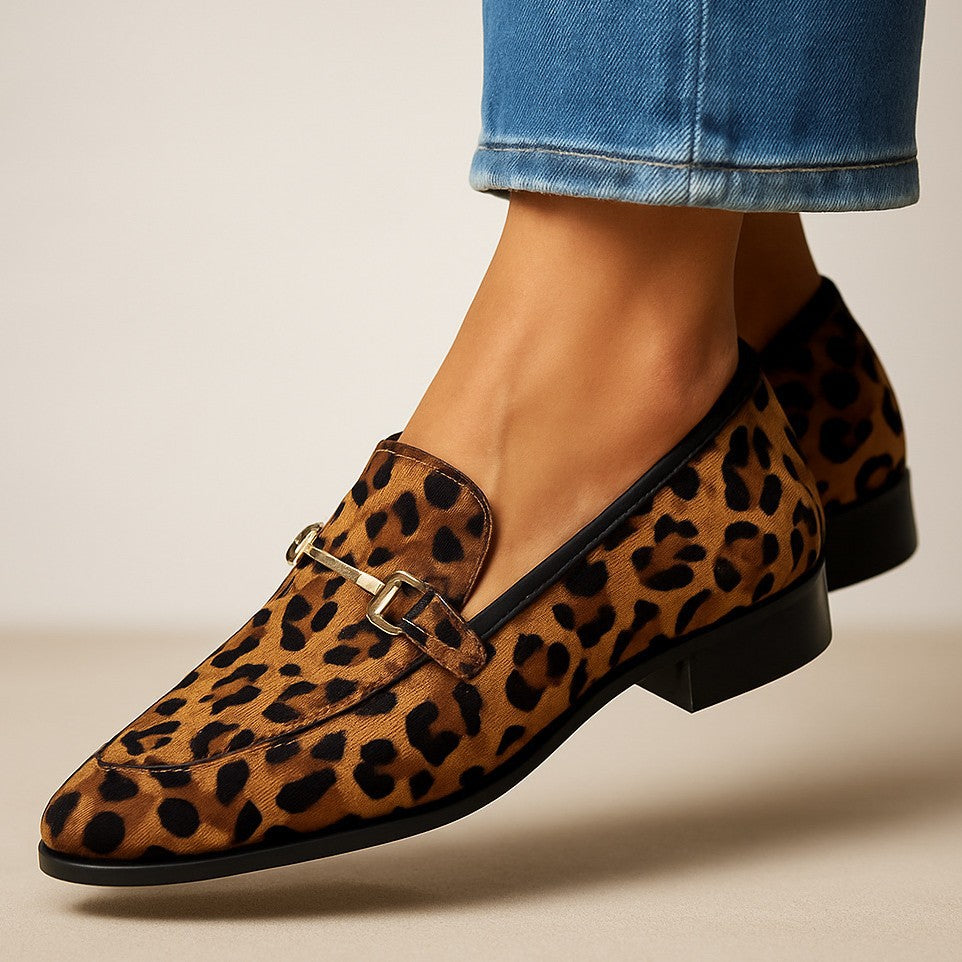 Women's Leopard Print Pointed-Toe Loafers with Gold Hardware