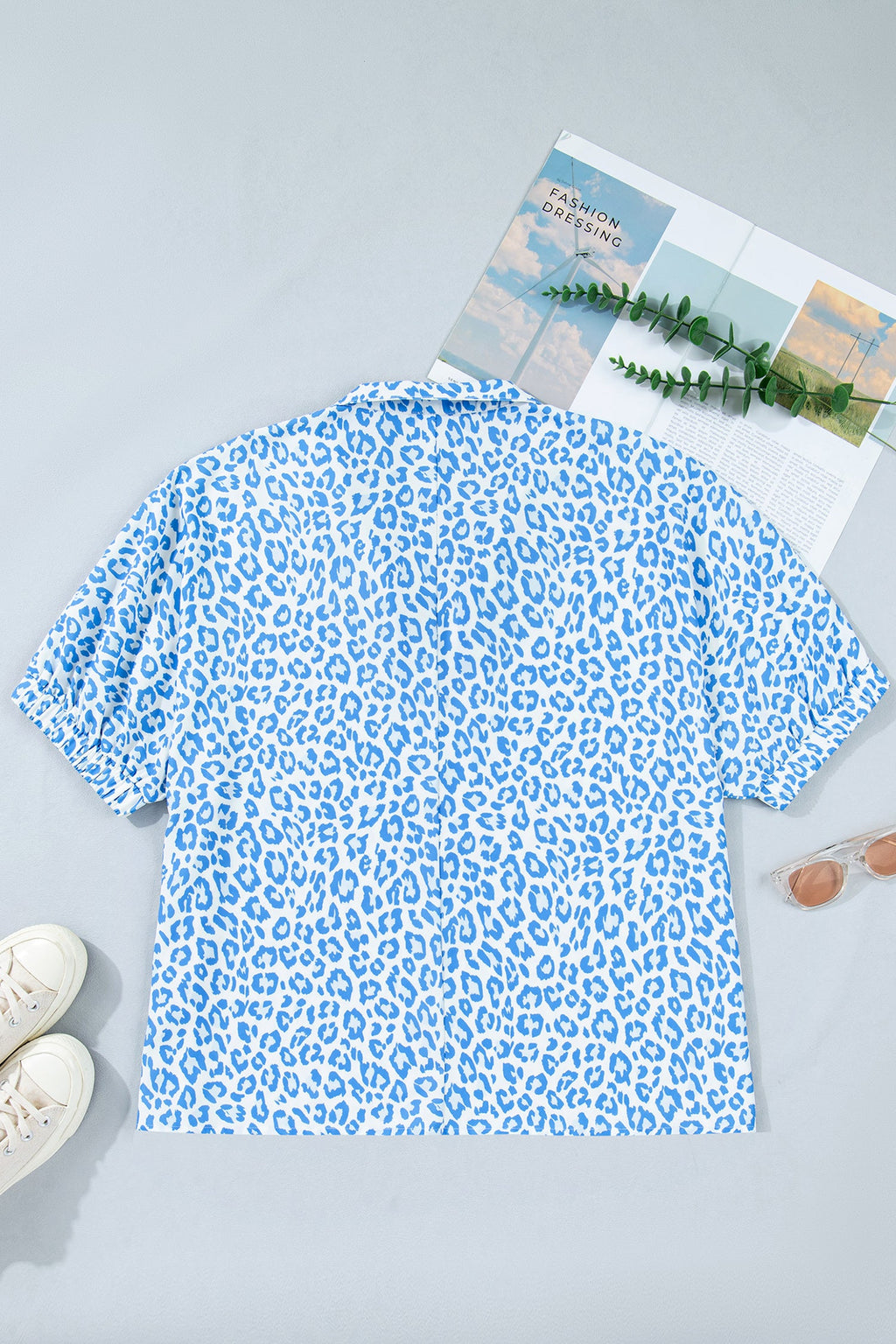 Leopard Stripe V-Neck Short Sleeve Blouse in Blue White Green