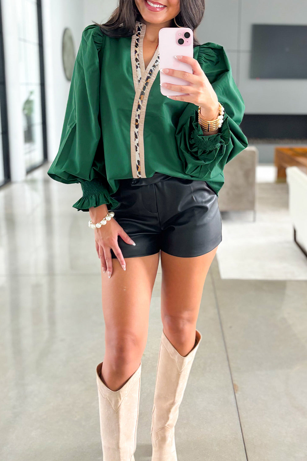 Black Puffy Flounce Sleeve Leopard Trim V Neck Blouse