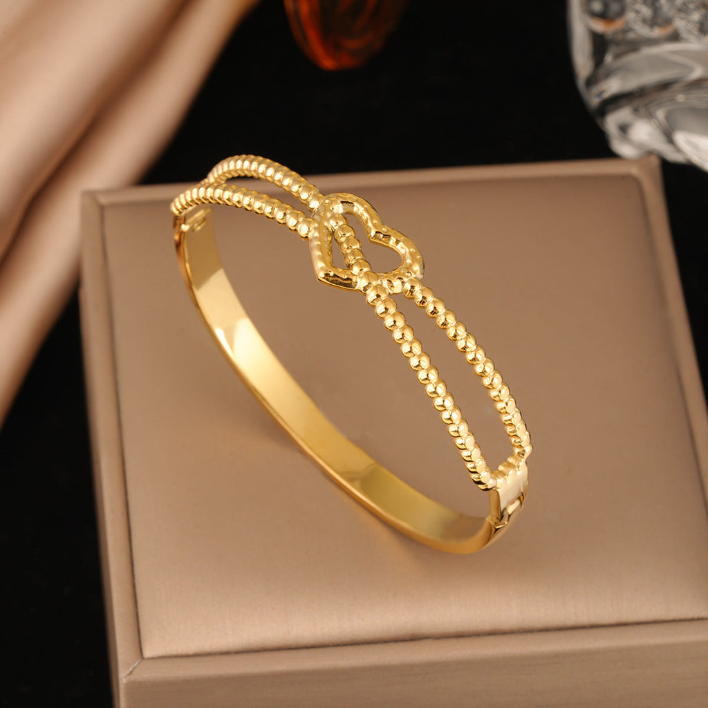 European American Style Women Bangle, Niche High End Hollow Out Heart Double Layer Design, Light Luxury Fashion Hand Jewelry