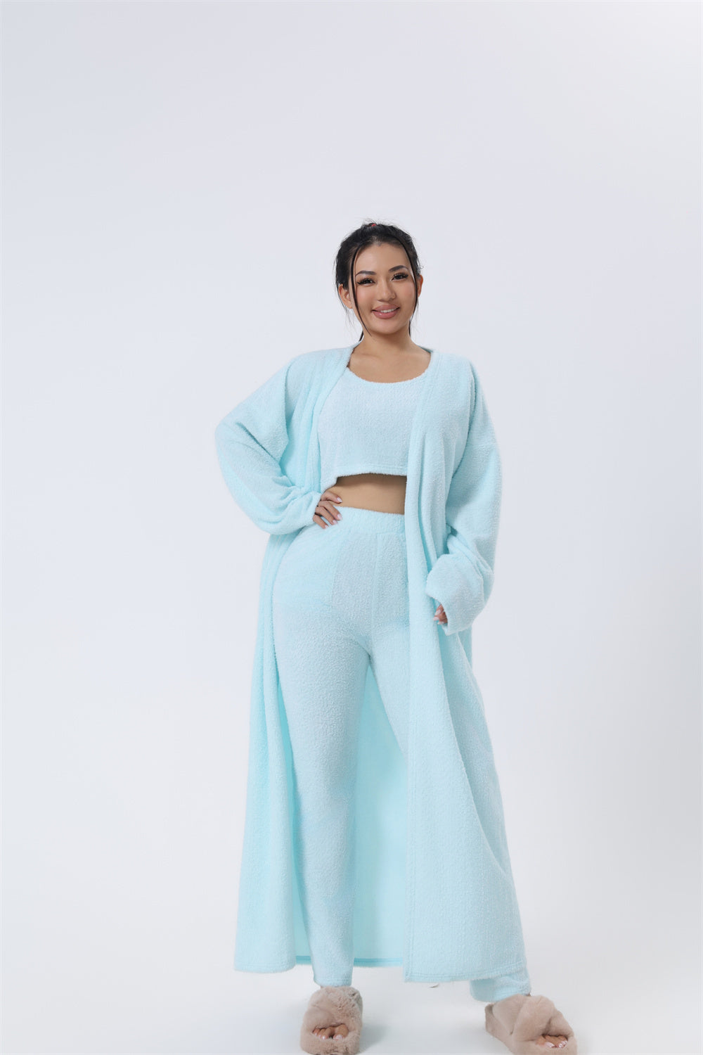 3-Piece Cozy Lounge Set: Soft Knit Crop Top, Pants & Cardigan