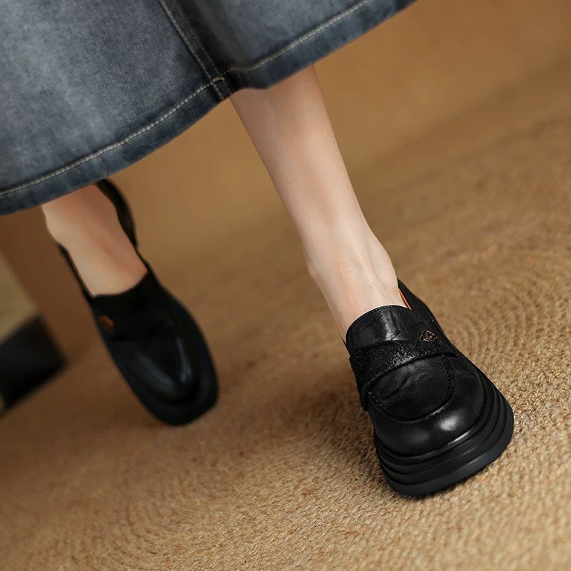 Women’s Vintage Maroon Leather Chunky Heel Loafers Retro Style - Image 3
