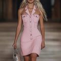 Women's Pink Denim Mini Dress with Button Front and Collar - Image 6