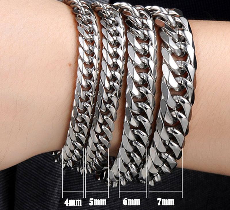 Silver tone men's stainless steel Miami curb chain bracelet with high-polish finish