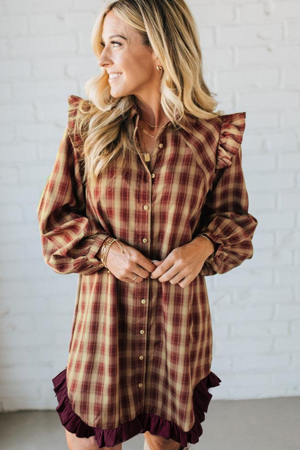 Red Plaid Ruffled Long Sleeve Mini Shirt Dress | Patchwork Hem