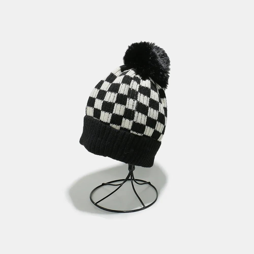 Checkered Knit Beanie with Pompom | Soft Acrylic Winter Hat