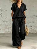 V-Neck Short Sleeve Top and Ruffled Hem Pants Set - Image 6