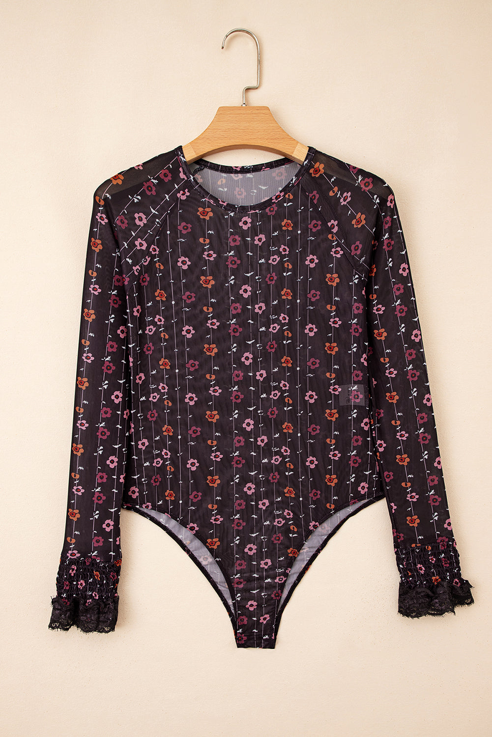Black Floral Mesh Bodysuit with Smocked Cuffs