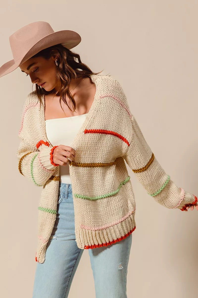 Loose Fit Multi Stripe Open Front Cardigan in Oatmeal