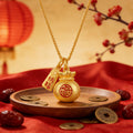 925 Sterling Silver Money Bag pendant necklace with red Fu character and prosperity tag.