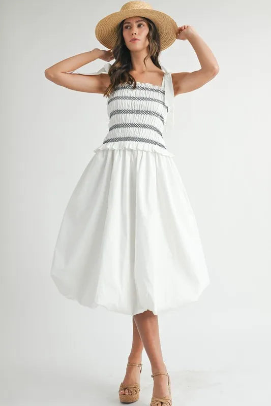 Smocked Bodice Bubble Midi Dress For Women – Stylish Smocked Bodice, Playful Bubble Skirt, Trendy Midi Dress, Chic Casual Look for Summer Outings
