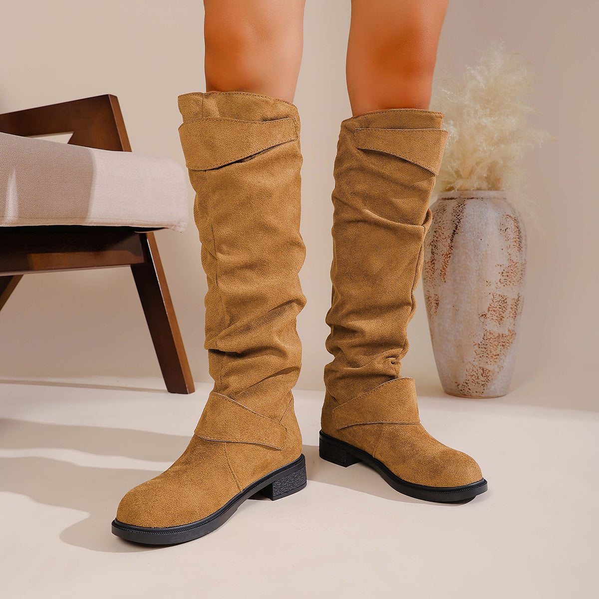 Women Flat Pleated Western Cowboy Boots with Buckle Detail - Image 3