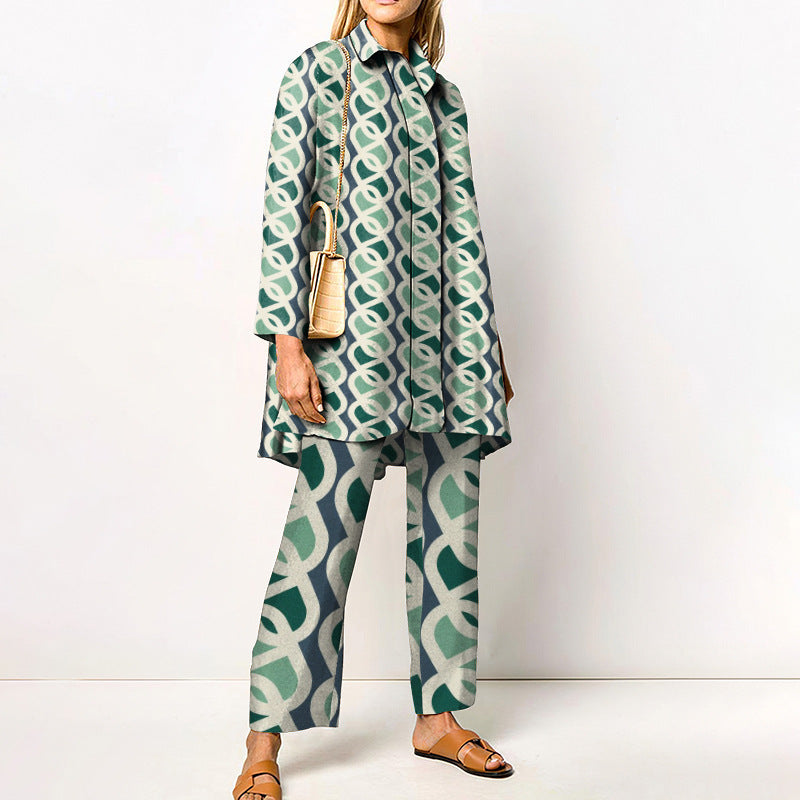 Women Geometric Print Long Sleeve Shirt and Pants Casual Set - Image 2