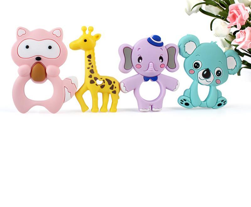 Set of two colorful silicone animal baby teethers featuring elephant and koala designs