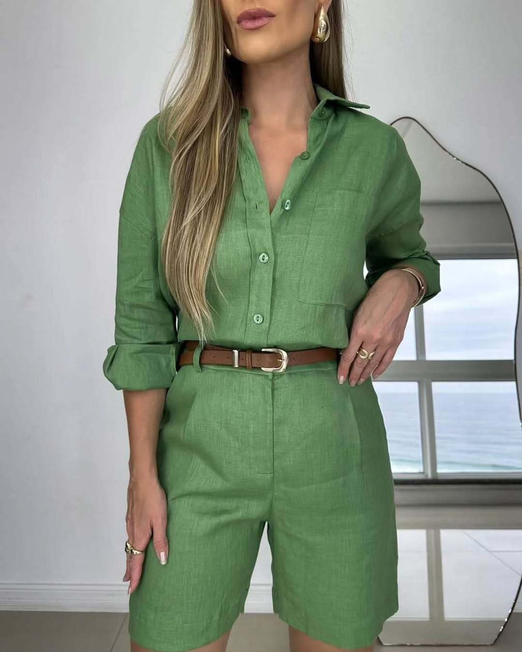 Women's Long-Sleeve Button-Down Shirt and Shorts Set