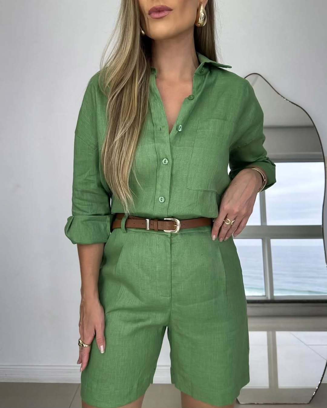 Women's Long-Sleeve Button-Down Shirt and Shorts Set