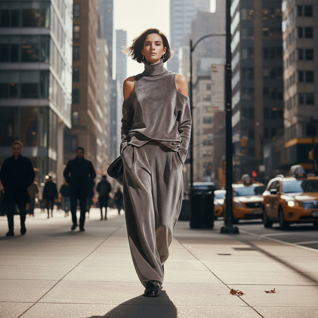 Women's Grey Velvet Cold-Shoulder Turtleneck Pants Set