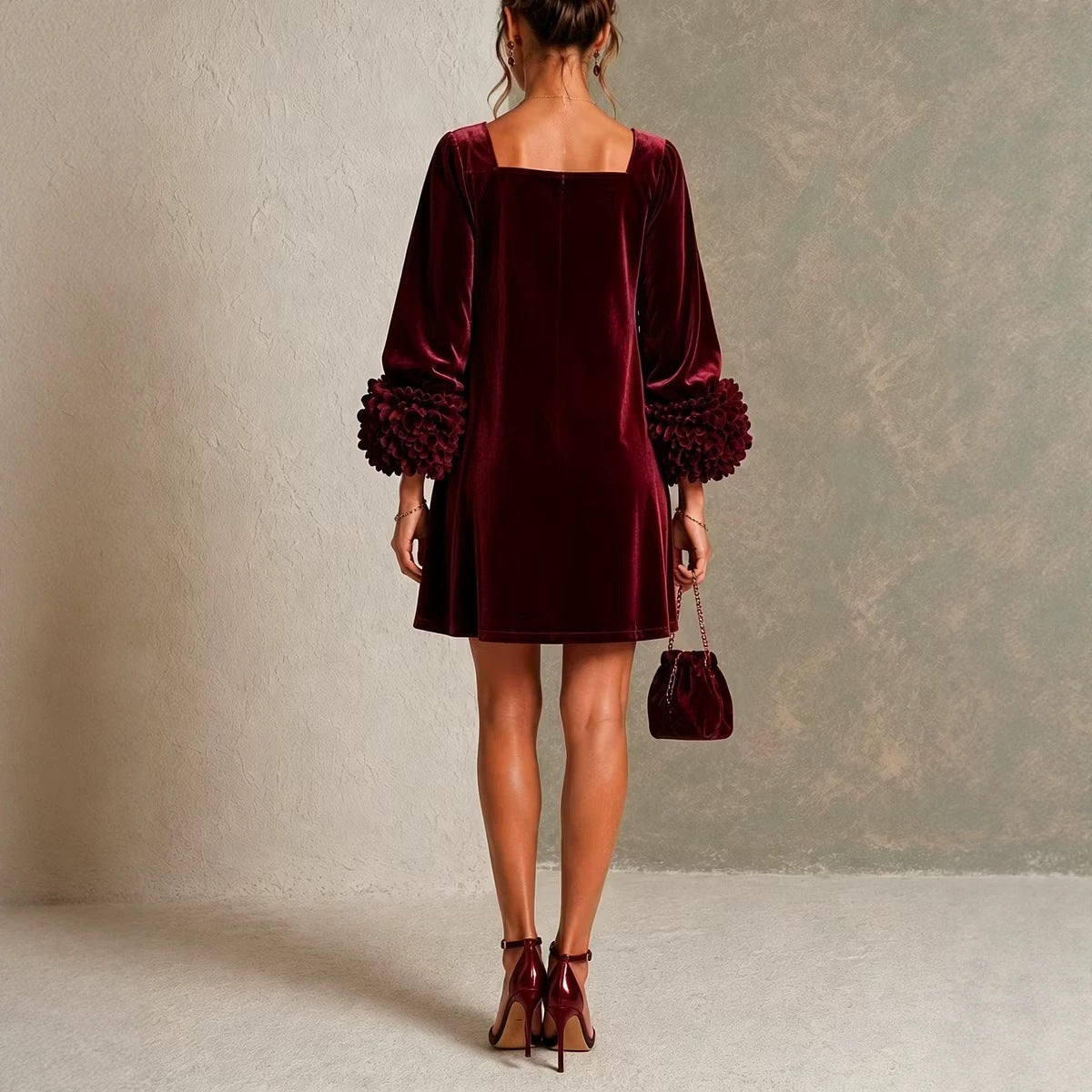 Velvet Mini Dress | Square Neck | 3D Floral Cuff Balloon Sleeve