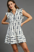 Navy-blue A-line mini dress with a ribbon collar and ruffled sleeves