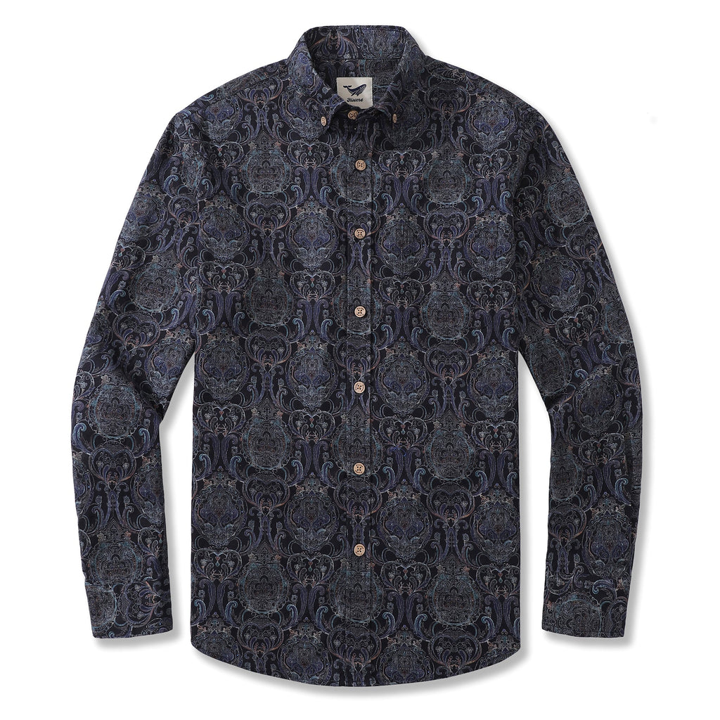 Men's long sleeve button-down shirt with symmetrical abstract dark blue and bronze patterns.