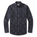 Men's long sleeve button-down shirt with symmetrical abstract dark blue and bronze patterns.