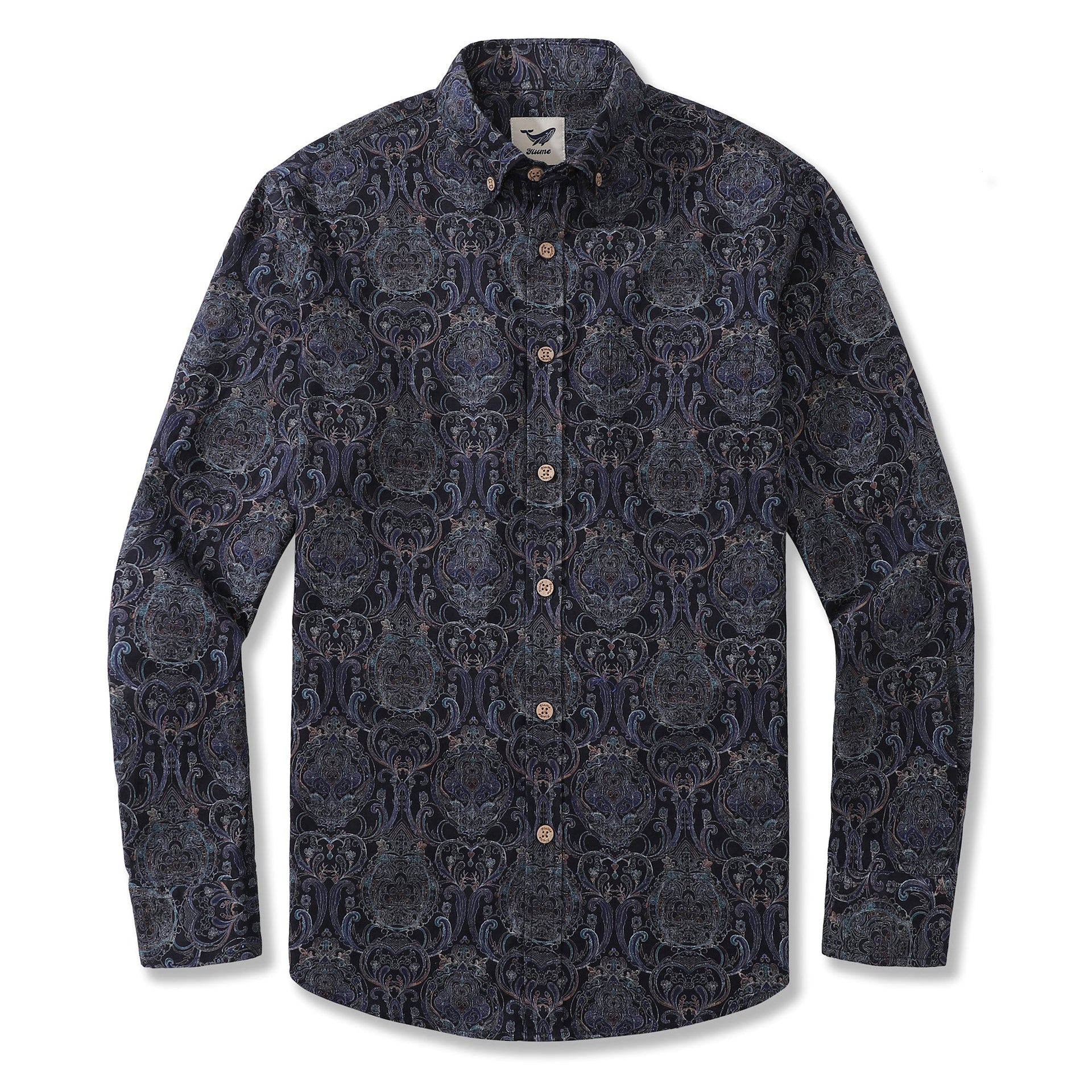 Men's long sleeve button-down shirt with symmetrical abstract dark blue and bronze patterns.