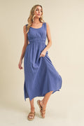 Periwinkle blue cotton sleeveless tank dress with a round neckline and side slit