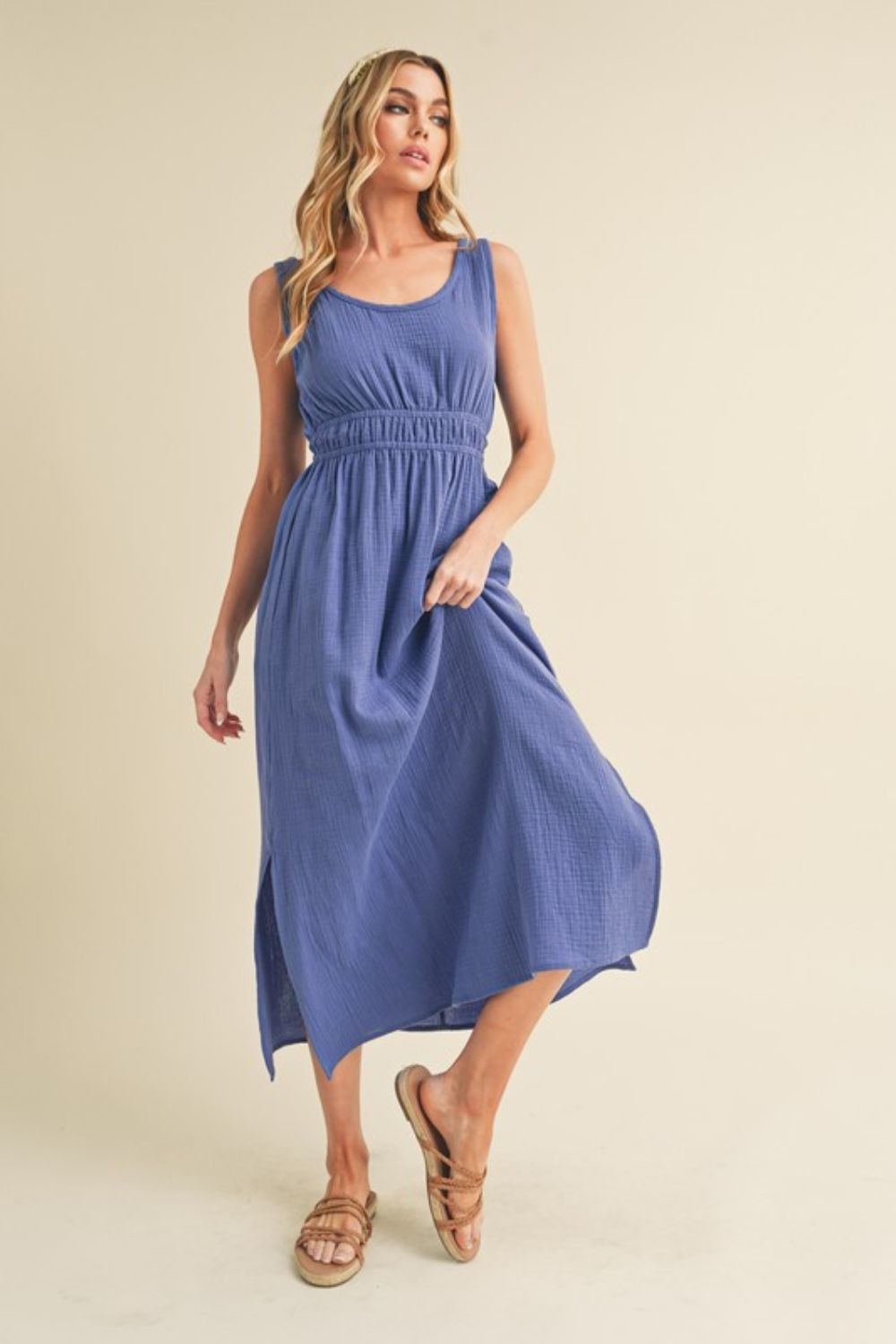 Periwinkle blue cotton sleeveless tank dress with a round neckline and side slit