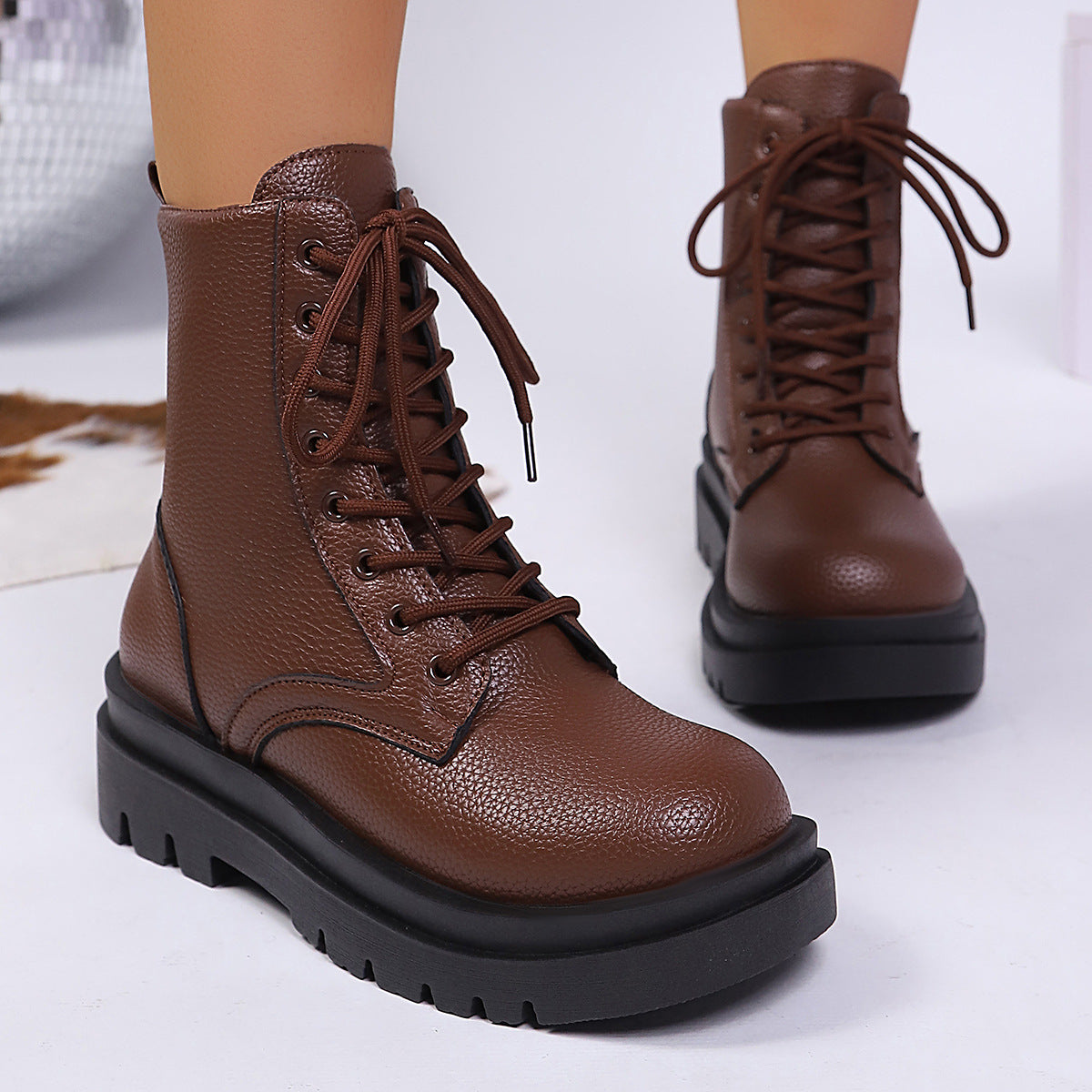Women’s Round Toe Lace-Up Chunky Sole Ankle Boots - Image 2