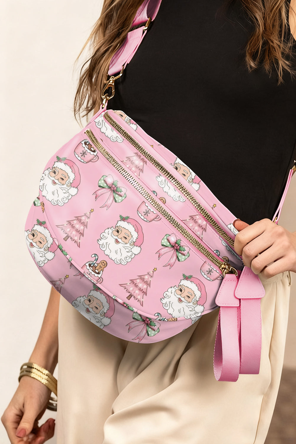 White HO HO HO Print Double Zip Crossbody Bag