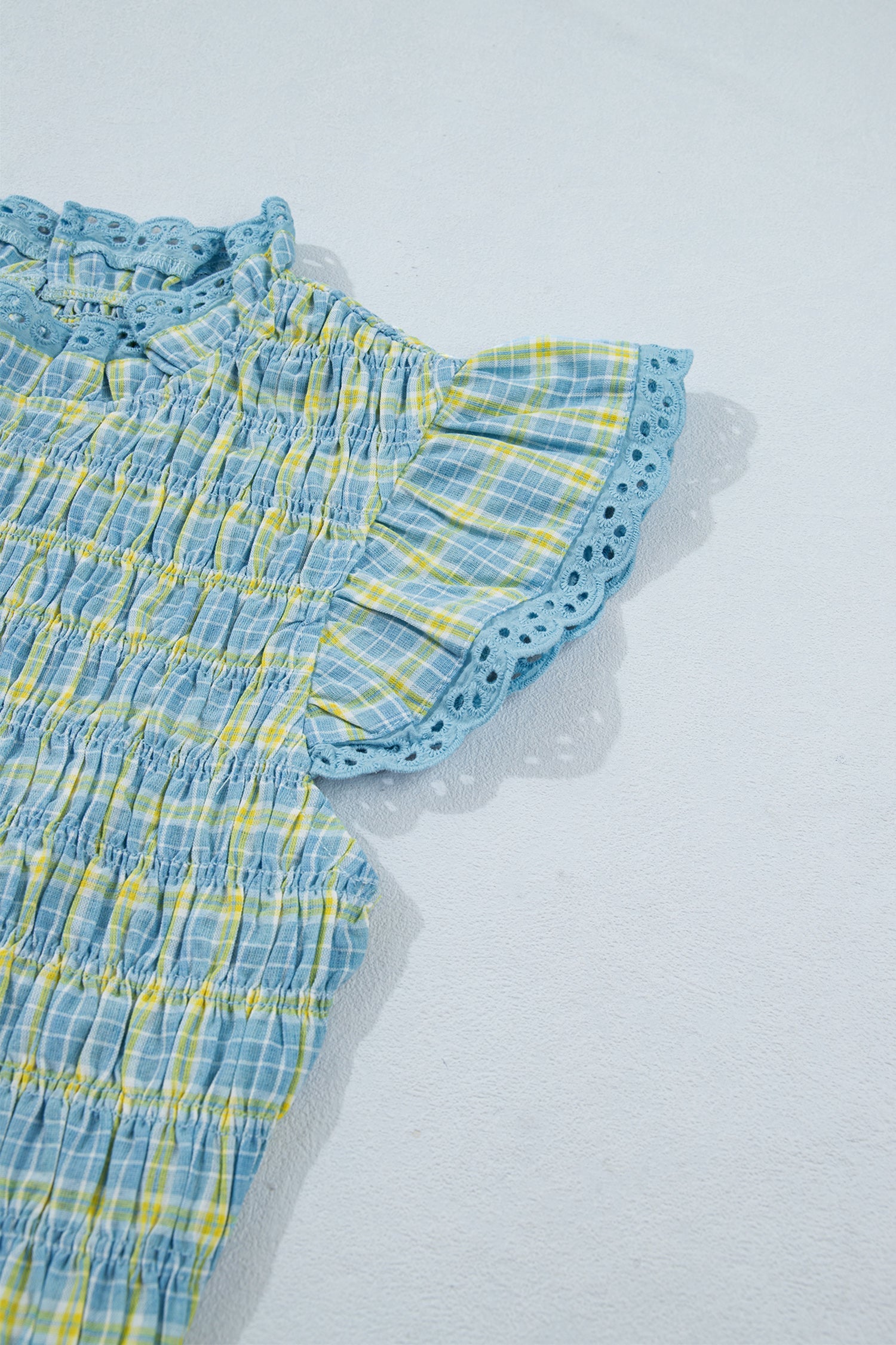 Nia Lace Trim Tank Top with Smocked Neckline and Plaid Print