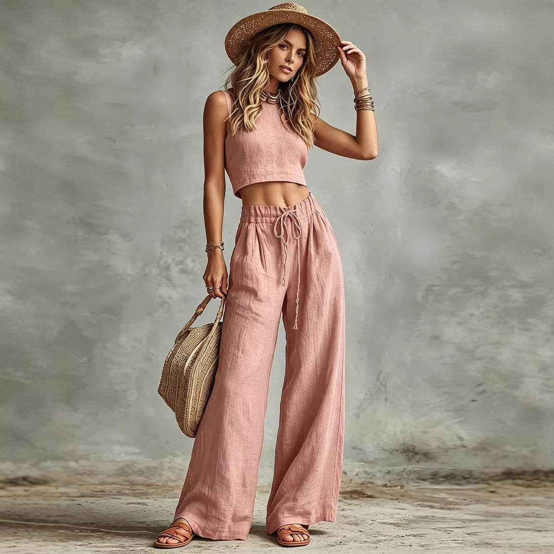 Rust Sleeveless Crop Vest and High-Waist Wide-Leg Pants Set - Image 5