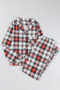 Womens long sleeve festive plaid pajama set with button up top and matching pants.