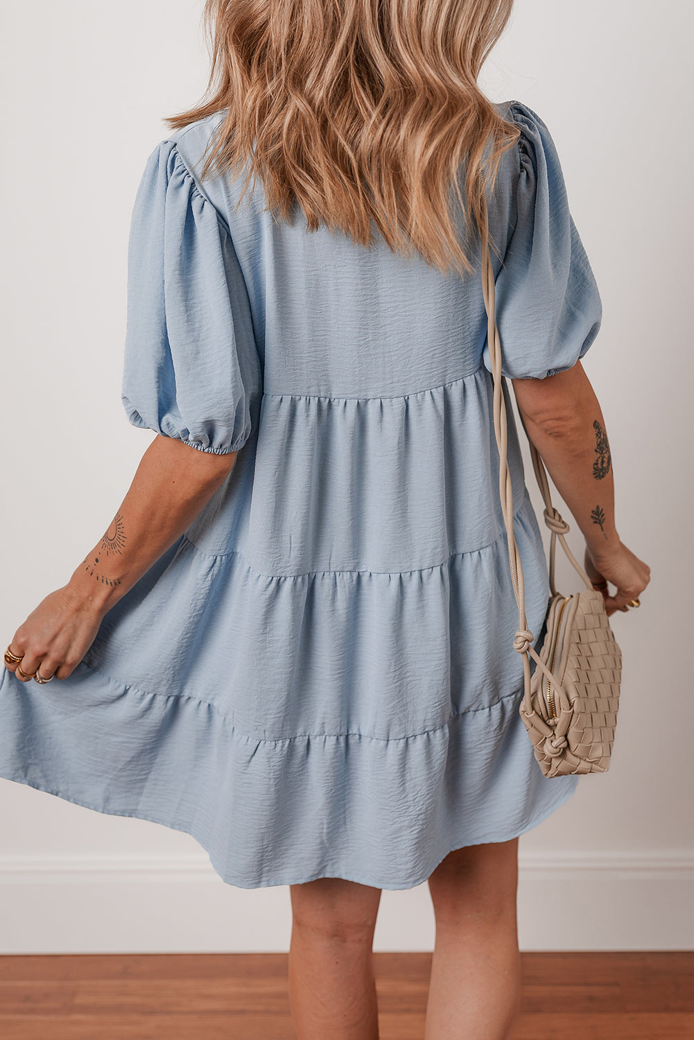Beau Blue Shirt Collar Button Up Puff Sleeve Tiered Shift Dress