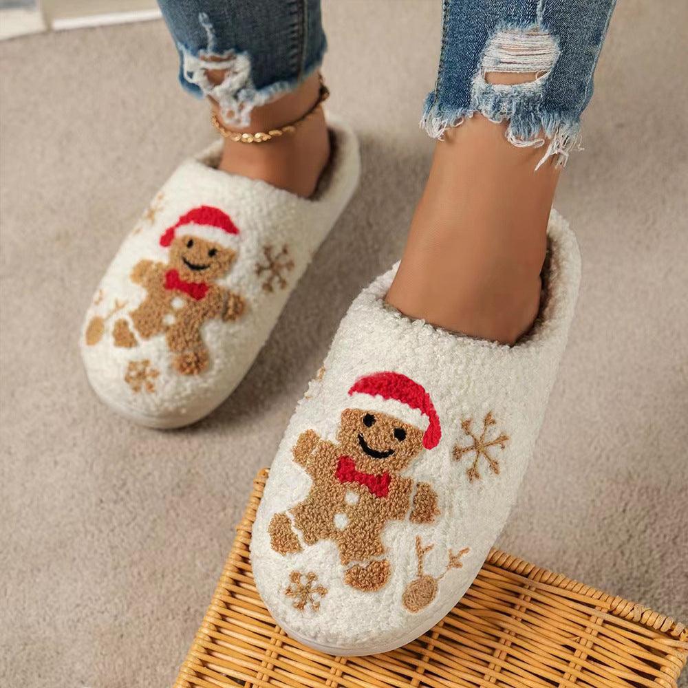 Gingerbread Man Christmas Slippers, Plush Fleece Warm House Shoes