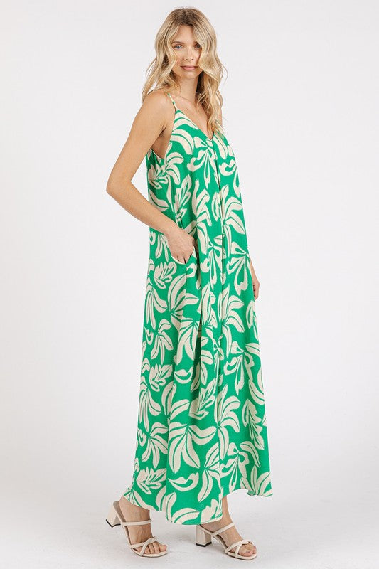 Printed V-Neck Maxi Cami Dress with Pockets & Ruched Detail