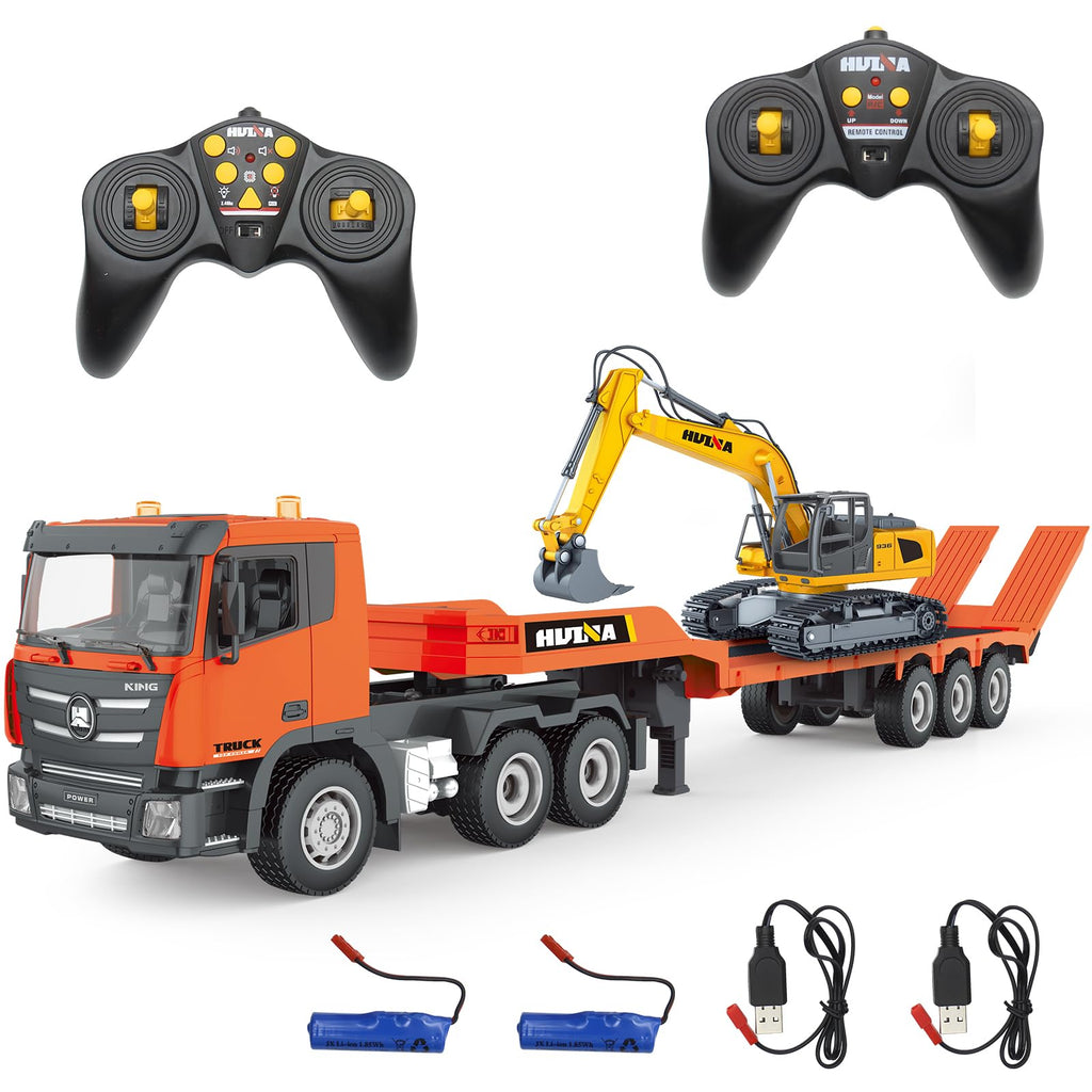Fistone RC Semi Truck & Excavator Toy Set 2.4Ghz Remote Control Flatbed Truck with Excavator Toys 1:24 RC Semi-Trailer Engineering Tractor with Sound and Lights Construction Vehicles Toy for Boys