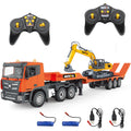 Fistone RC Semi Truck & Excavator Toy Set 2.4Ghz Remote Control Flatbed Truck with Excavator Toys 1:24 RC Semi-Trailer Engineering Tractor with Sound and Lights Construction Vehicles Toy for Boys